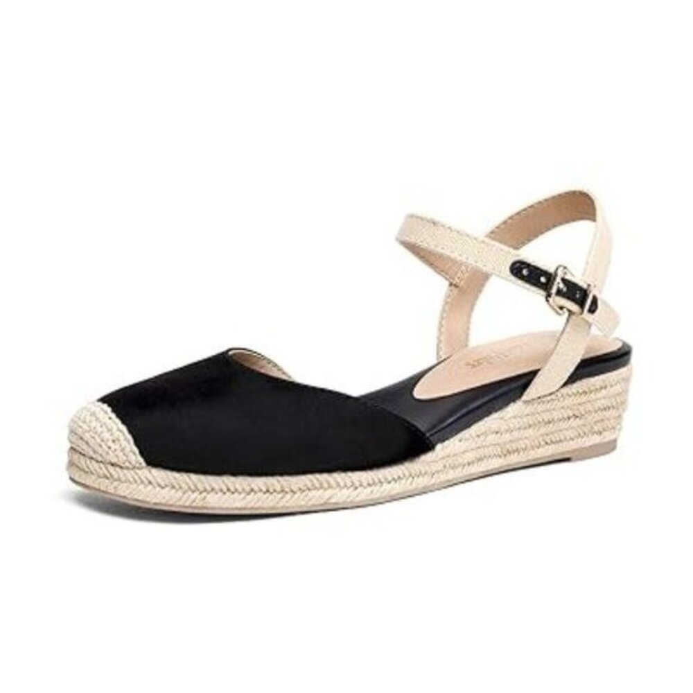 Miss Left Black Closed Toe Elastic Ankle Strap Espadrilles Wedge Sandals